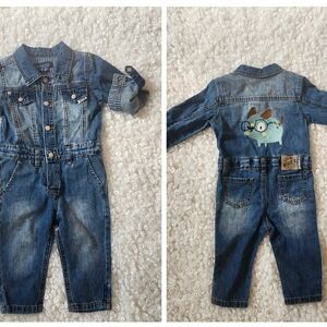 Souris Mini Denim Baby Jumpsuit 6-9M Blue Jean Overalls Romper with Dog Patch